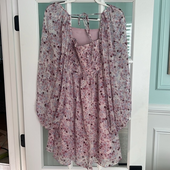 Lucy Paris Maeve Pink Floral Puff Sleeve Smocked Tie Back Mini Dress - Picture 3 of 3